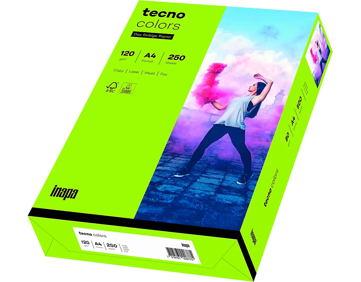 Farbiges Kopierpapier tecno colors, DIN A4, 120 g/m², leuchtendgrün, 1 Paket = 250 Blatt