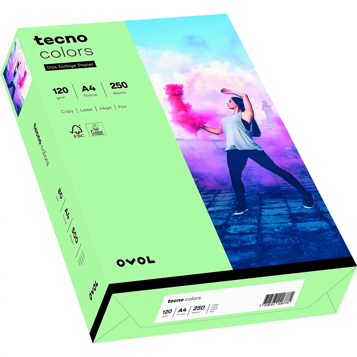 Karton mit buntem Papier, eine Person mit Rauchfahne im Hintergrund. Aufdruck: "tecno colors".