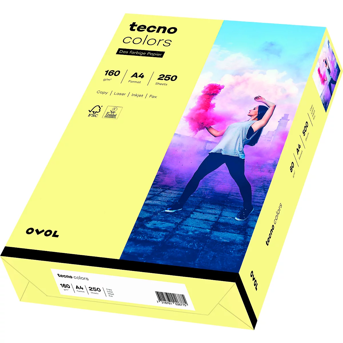 Papierkarton in Gelb mit Aufdruck, auf dem eine Person vor farbigem Rauch tanzt. "Tecno Colors" und Produktinformationen.