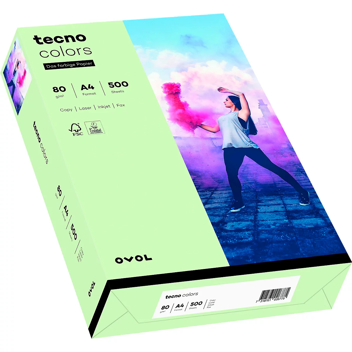 Farbiges Kopierpapier tecno colors, DIN A4, 80 g/m², hellgrün, 1 Paket = 500 Blatt