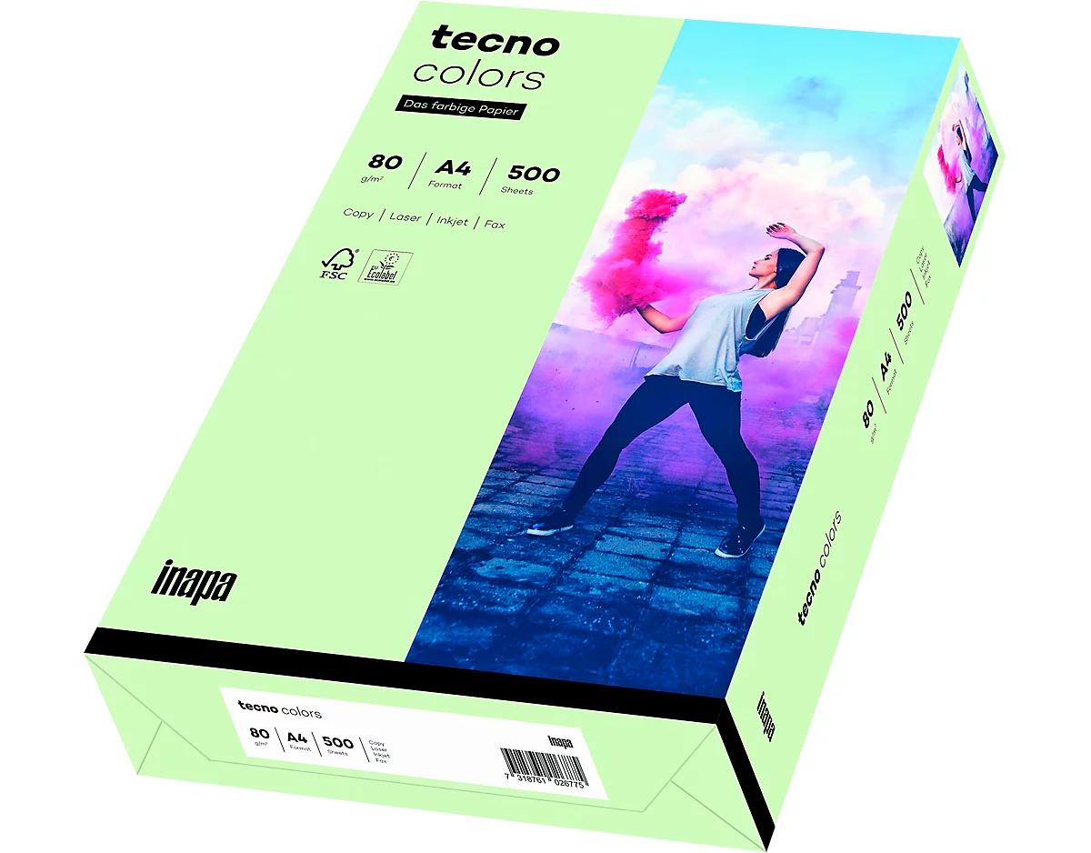 Farbiges Kopierpapier tecno colors, DIN A4, 80 g/m², hellgrün, 1 Paket = 500 Blatt
