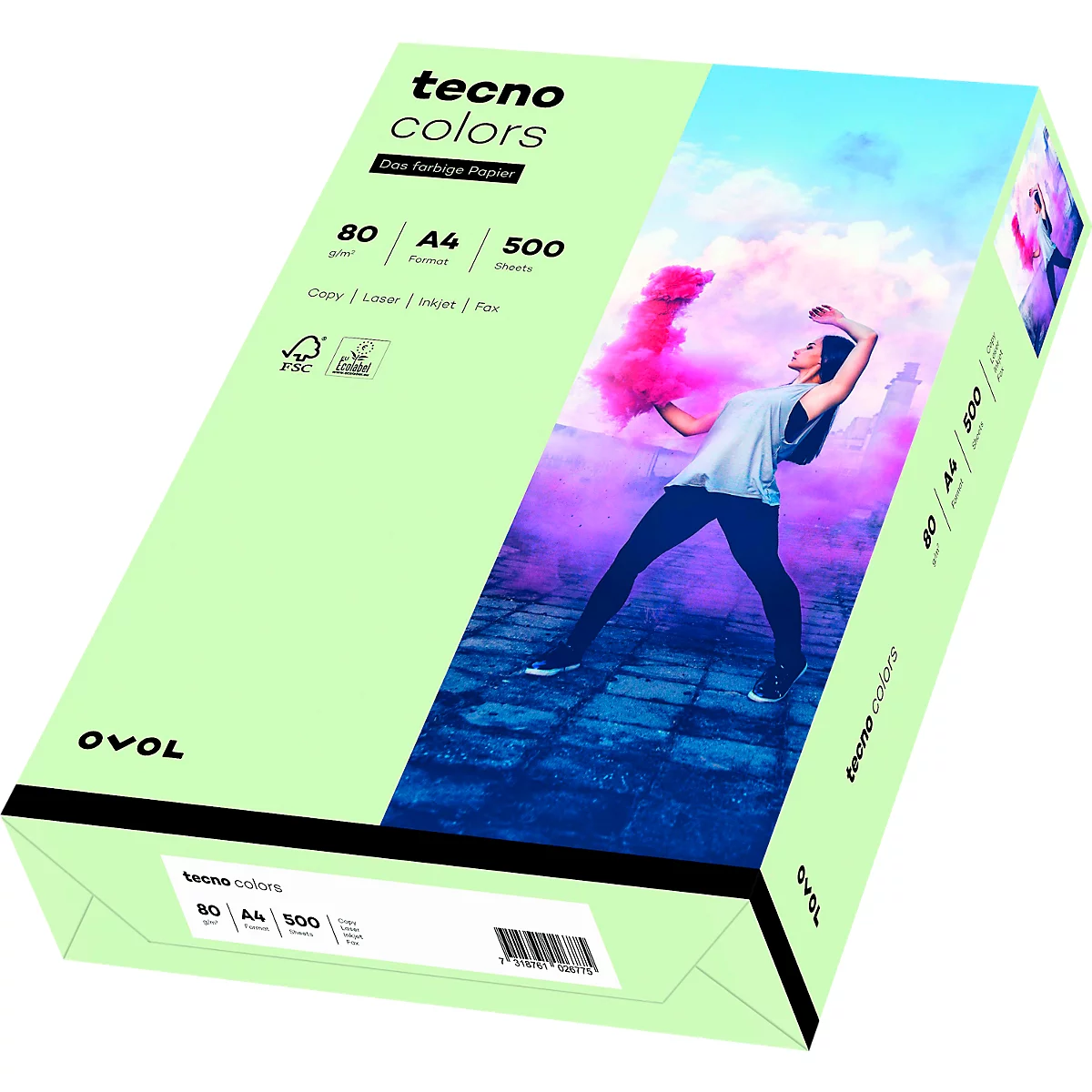 Farbiges Kopierpapier tecno colors, DIN A4, 80 g/m², hellgrün, 1 Paket = 500 Blatt