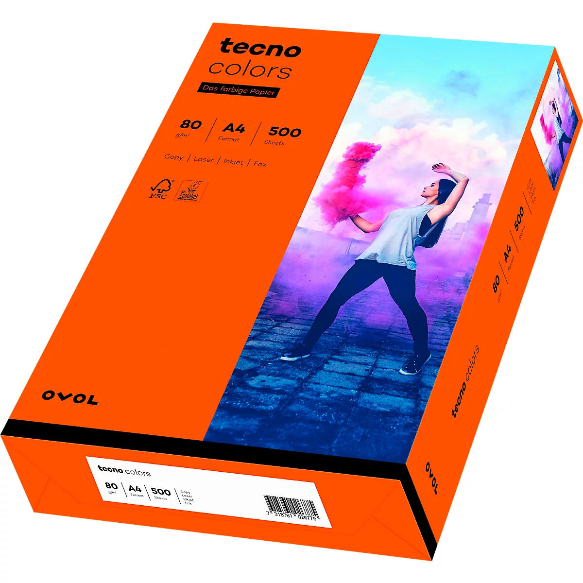 Eine Packung farbiges Papier von Tecno Colors, orange, mit einer Person in Bewegung im Hintergrund.