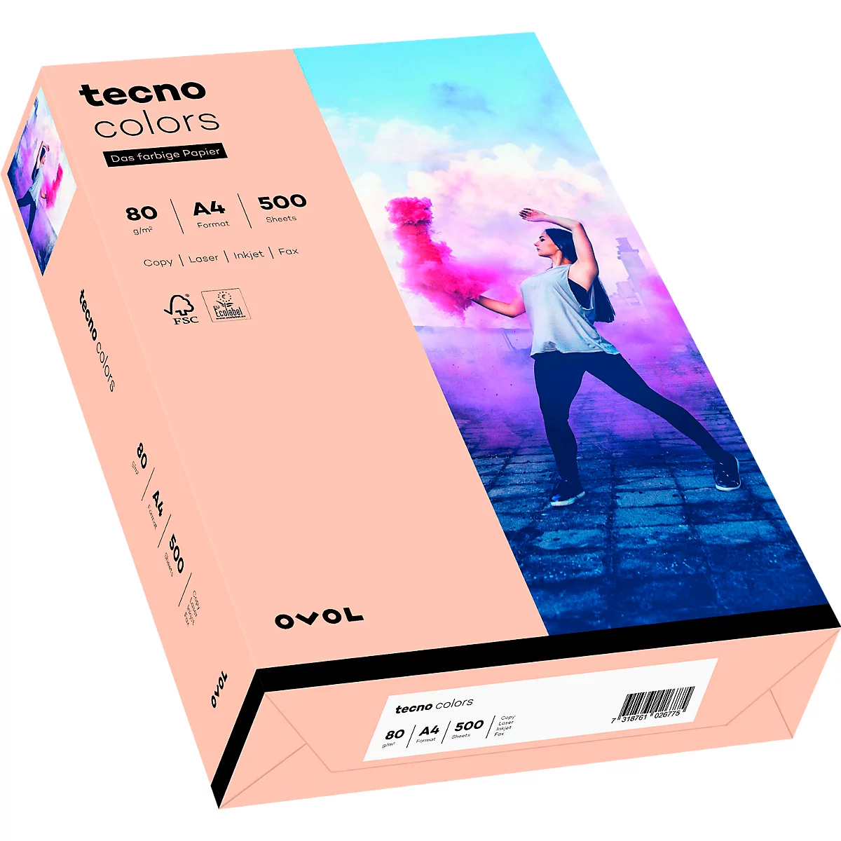Rosa Papierverpackung mit der Aufschrift "Tecno Colors", daneben eine Frau mit Rauch, A4, 500 Blatt.
