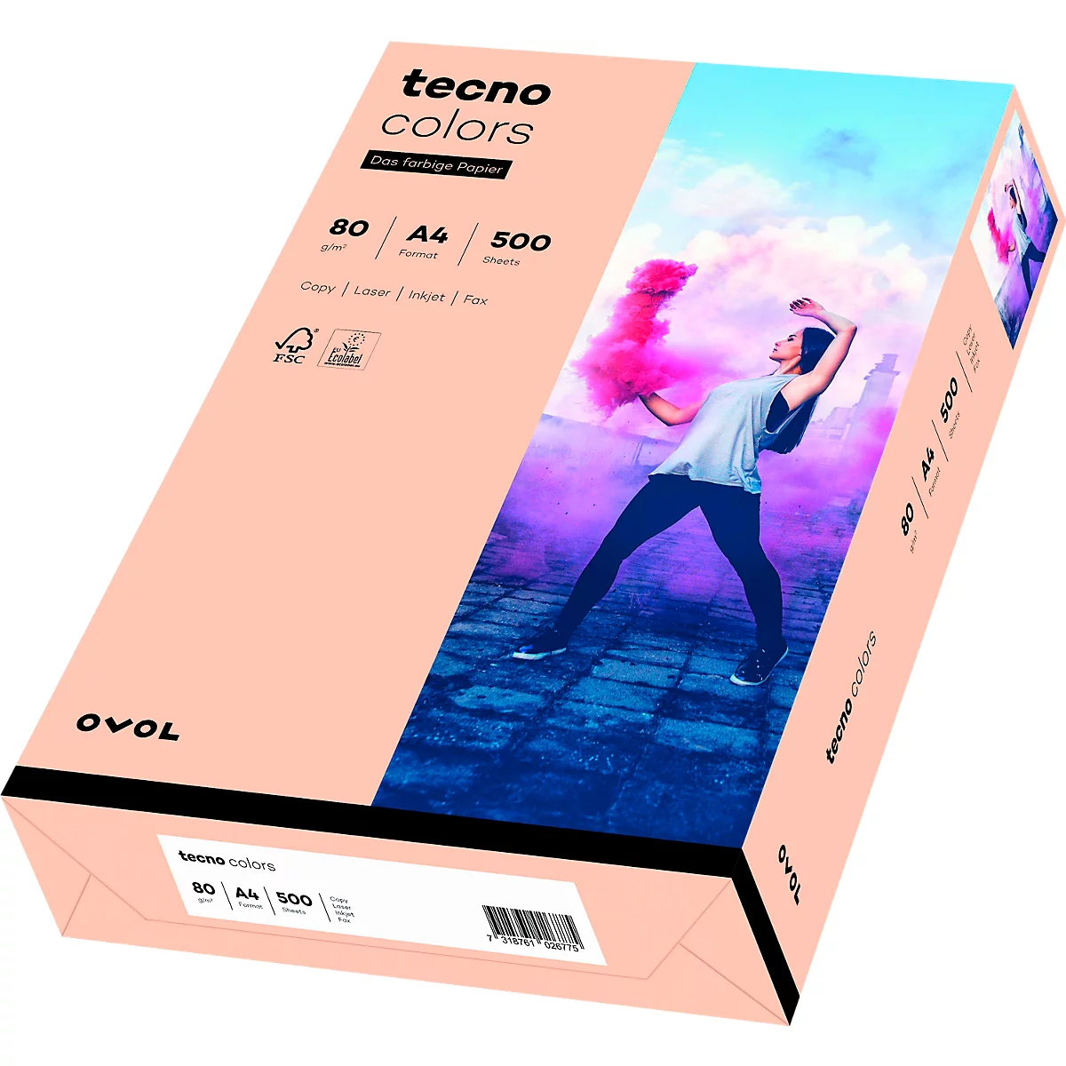 Papierpackung mit Aufdruck "tecno colors". Abgebildet ist eine Person in einem farbigen Rauch-Hintergrund.