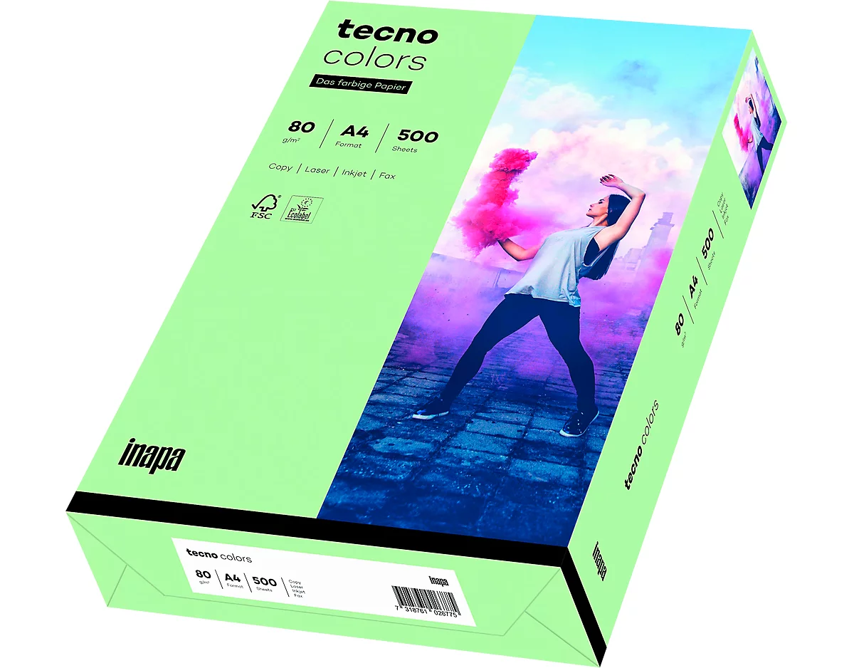 Farbiges Kopierpapier tecno colors, DIN A4, 80 g/m², mittelgrün, 1 Paket = 500 Blatt