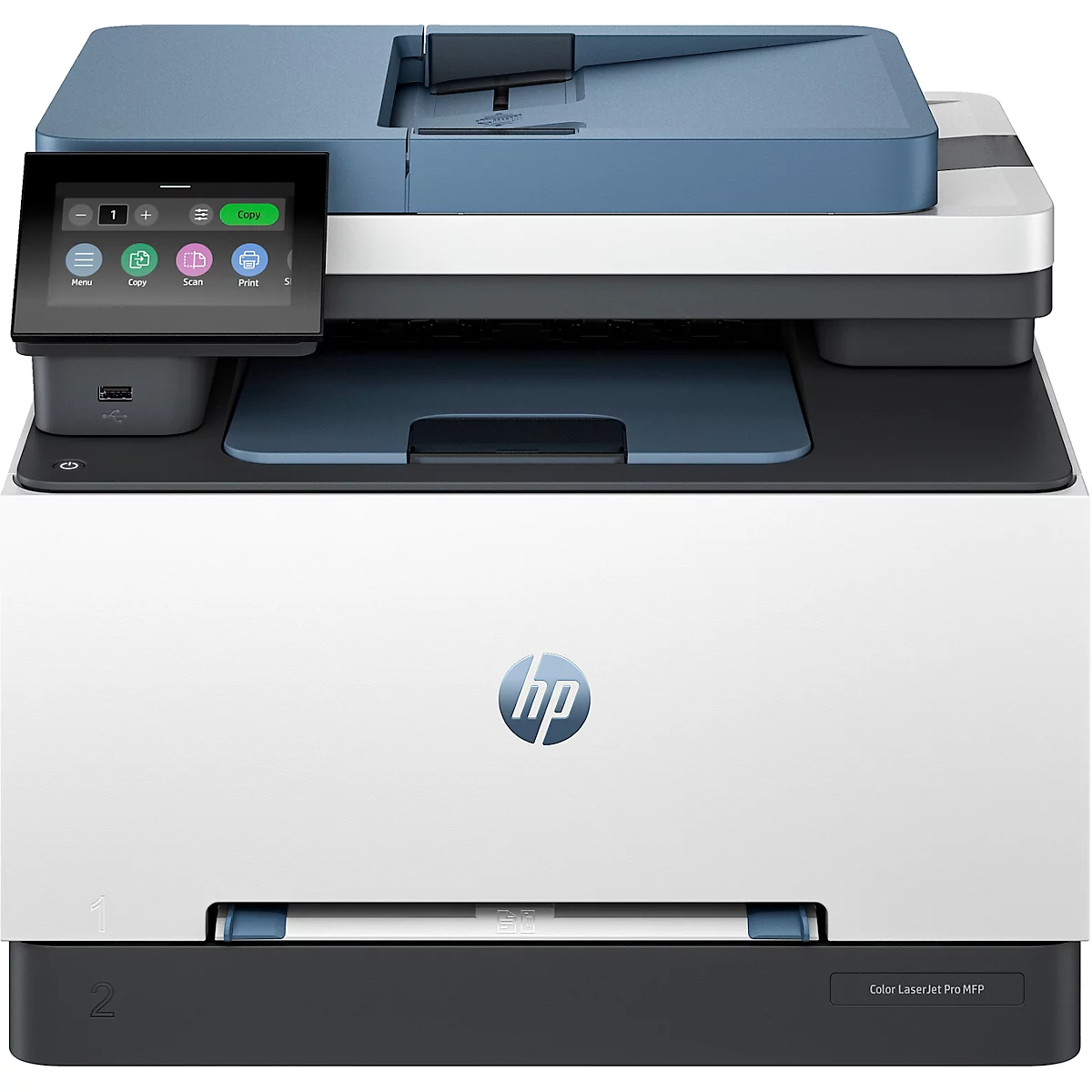 Weißer HP-Farblaserdrucker mit blau-grauen Akzenten und Touchscreen-Bedienfeld.