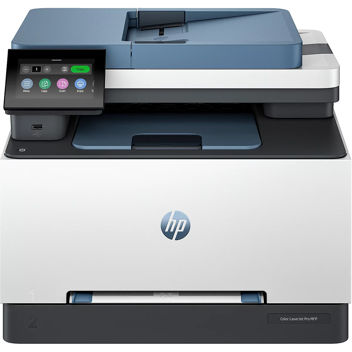 Weiß-blauer HP-Multifunktionsdrucker. Bedienfeld mit Touchscreen, USB-Anschluss. Papierausgabe unten.