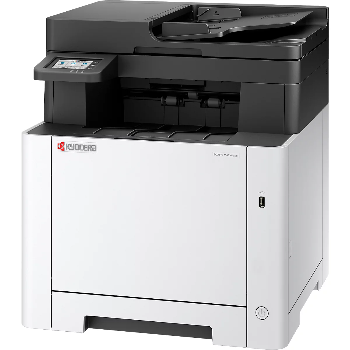 Kompakter weiß-schwarzer Kyocera Laserdrucker mit Touchscreen-Bedienfeld auf neutralem Hintergrund.