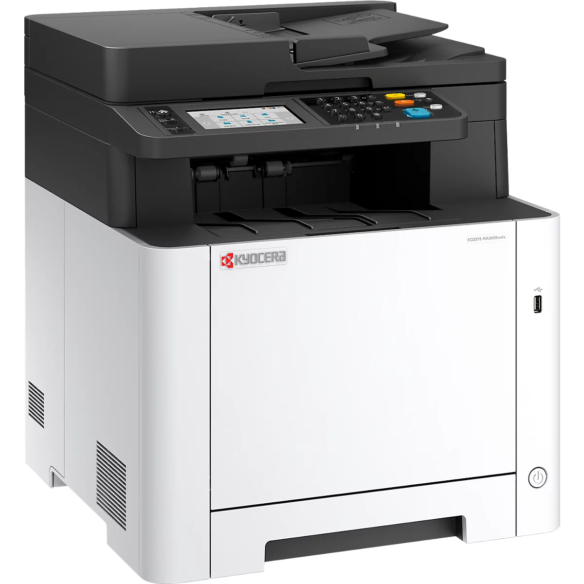 Farblaser-Multifunktionsdrucker KYOCERA ECOSYS MA2600cwfx, 4-in-1, Duplex/Mobildruck, 26 Seiten/Min., USB/LAN/WLAN/Micro-SD, bis A4, inkl. CMYK-Toner
