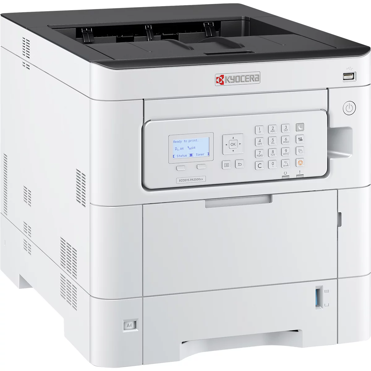 Farblaserdrucker Kyocera ECOSYS PA3500cx/Plus, LCD-Bedienfeld, 35 S./Min., 1.200 × 1.200 dpi, bis A4, Duplexdruck, weiß