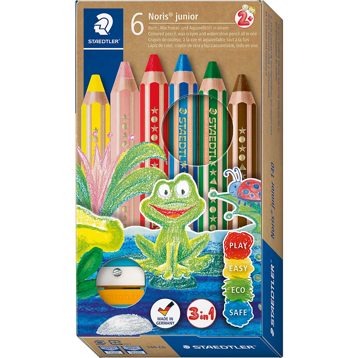 Farbstift Staedtler Noris junior, 3 in 1, Kartonetui, 6 sortierte Farben + Spitzer