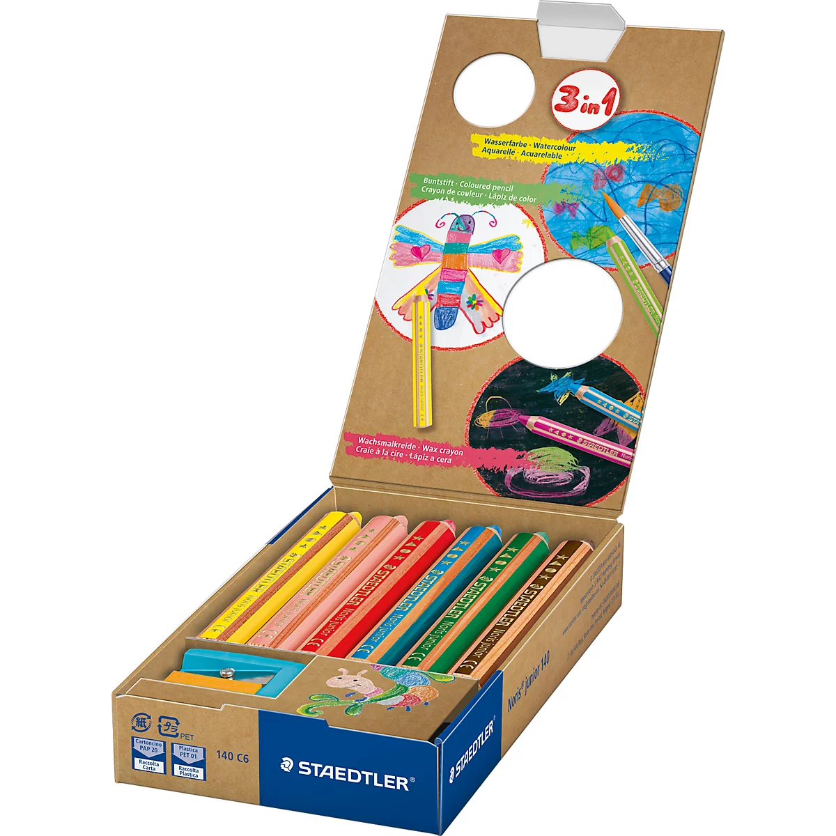 Farbstift Staedtler Noris junior, 3 in 1, Kartonetui, 6 sortierte Farben + Spitzer