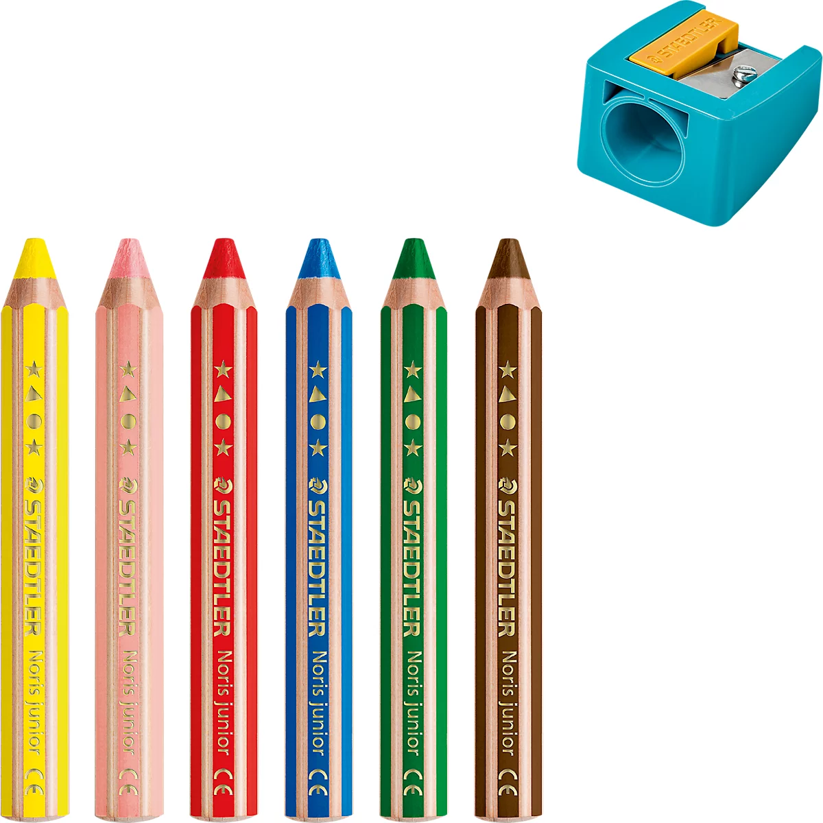 Farbstift Staedtler Noris junior, 3 in 1, Kartonetui, 6 sortierte Farben + Spitzer
