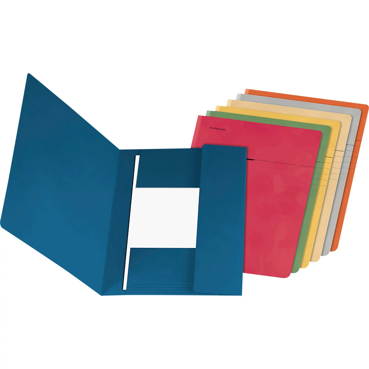 Dossier bleu ouvert avec des dossiers colorés derrière.