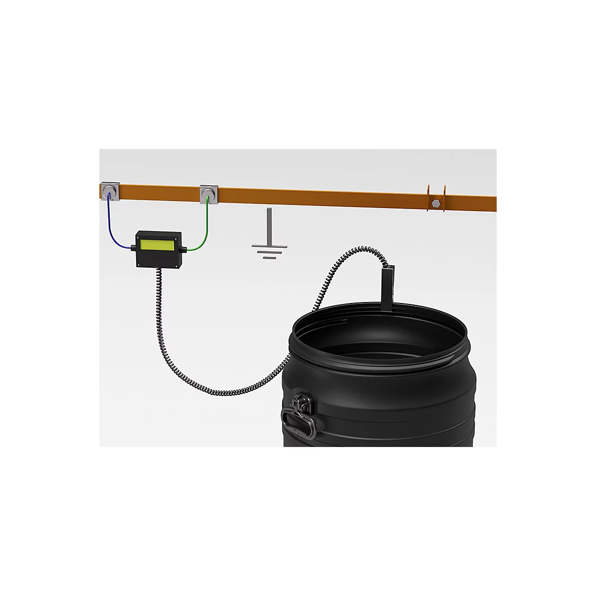 Schwarzfass mit Kabel, verbunden mit einer Messvorrichtung und einer Erdung.