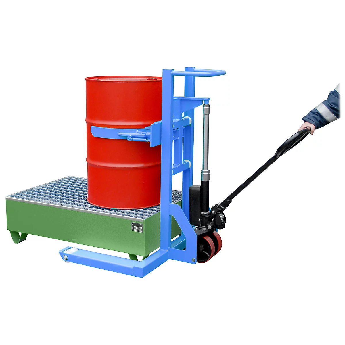 Fassheberoller BAUER FHR 600 K, Stahl, mit Fassklammer, für 200 l Fässer, B 1125 x T 1000 x H 1330 mm, blau