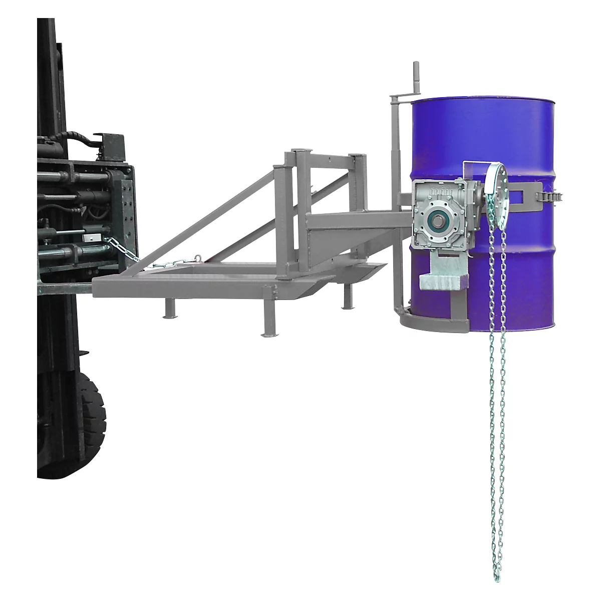 Fasskipper Bauer Typ FD/L, für 110-220 l Fässer, 360 kg, 270° Kippen, mit Endloskette, Stapleraufnahme, mausgrau RAL 7005