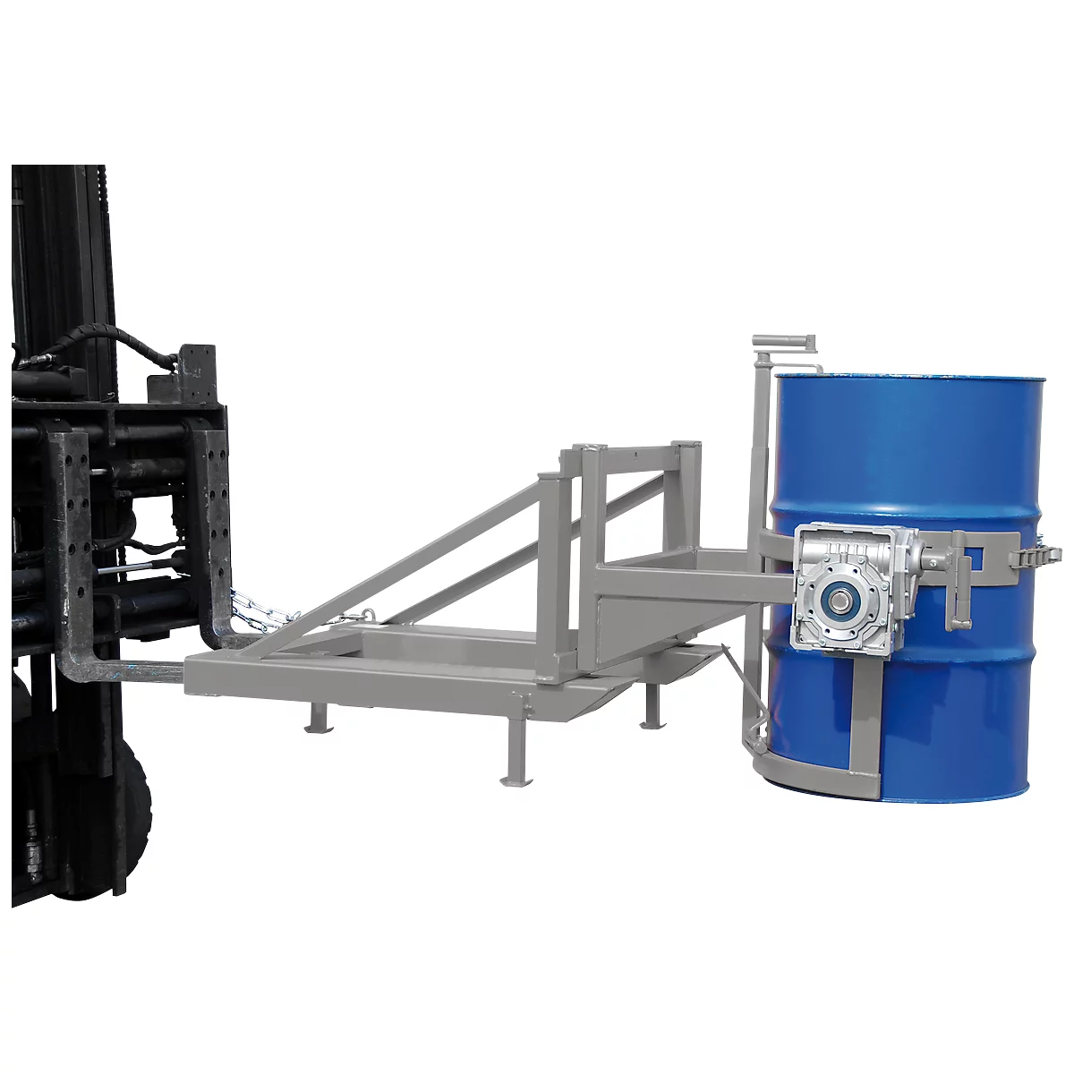 Fasskipper Bauer Typ FD/L, für 110-220 l Fässer, 360 kg, 270° Kippen, mit Handkurbel, Stapleraufnahme, mausgrau RAL 7005