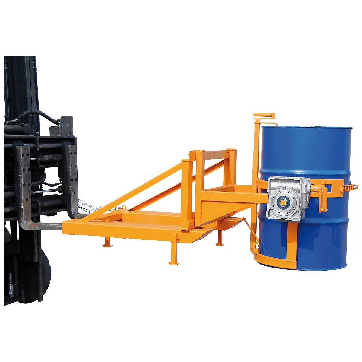Fasskipper Bauer Typ FD/L, für 110 bis 220 l Fässer, 360 kg, 270° Kippen, mit Handkurbel, Stapleraufnahme, gelborange RAL 2000