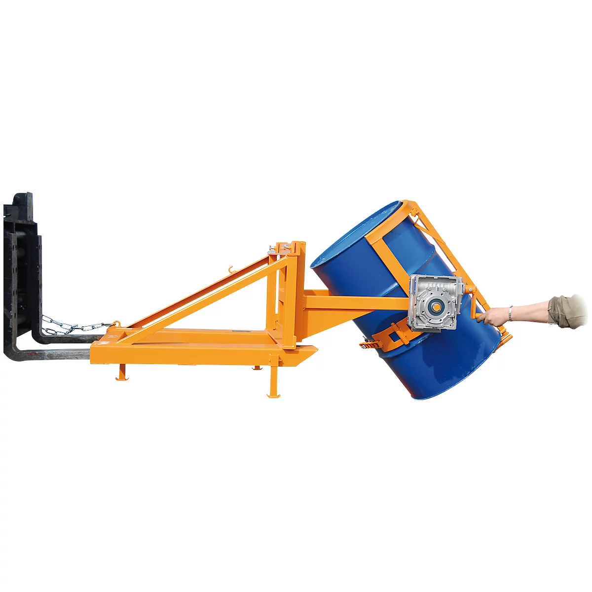 Fasskipper Bauer Typ FD/L, für 110 bis 220 l Fässer, 360 kg, 270° Kippen, mit Handkurbel, Stapleraufnahme, gelborange RAL 2000