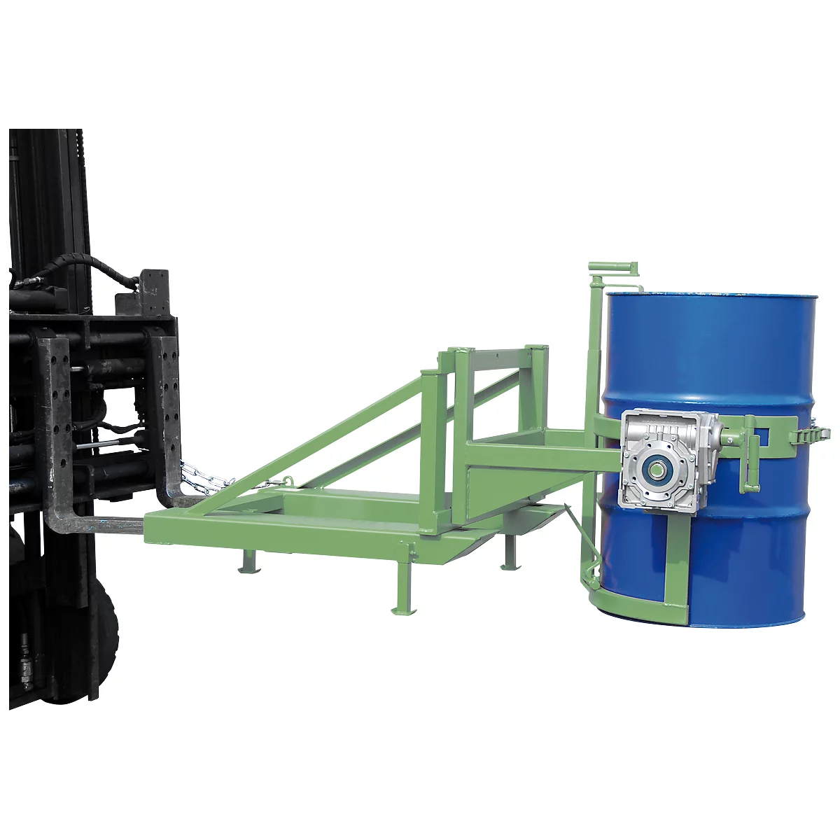 Fasskipper Bauer Typ FD/L, für 110 bis 220 l Fässer, 360 kg, 270° Kippen, mit Handkurbel, Stapleraufnahme, resedagrün RAL 6011