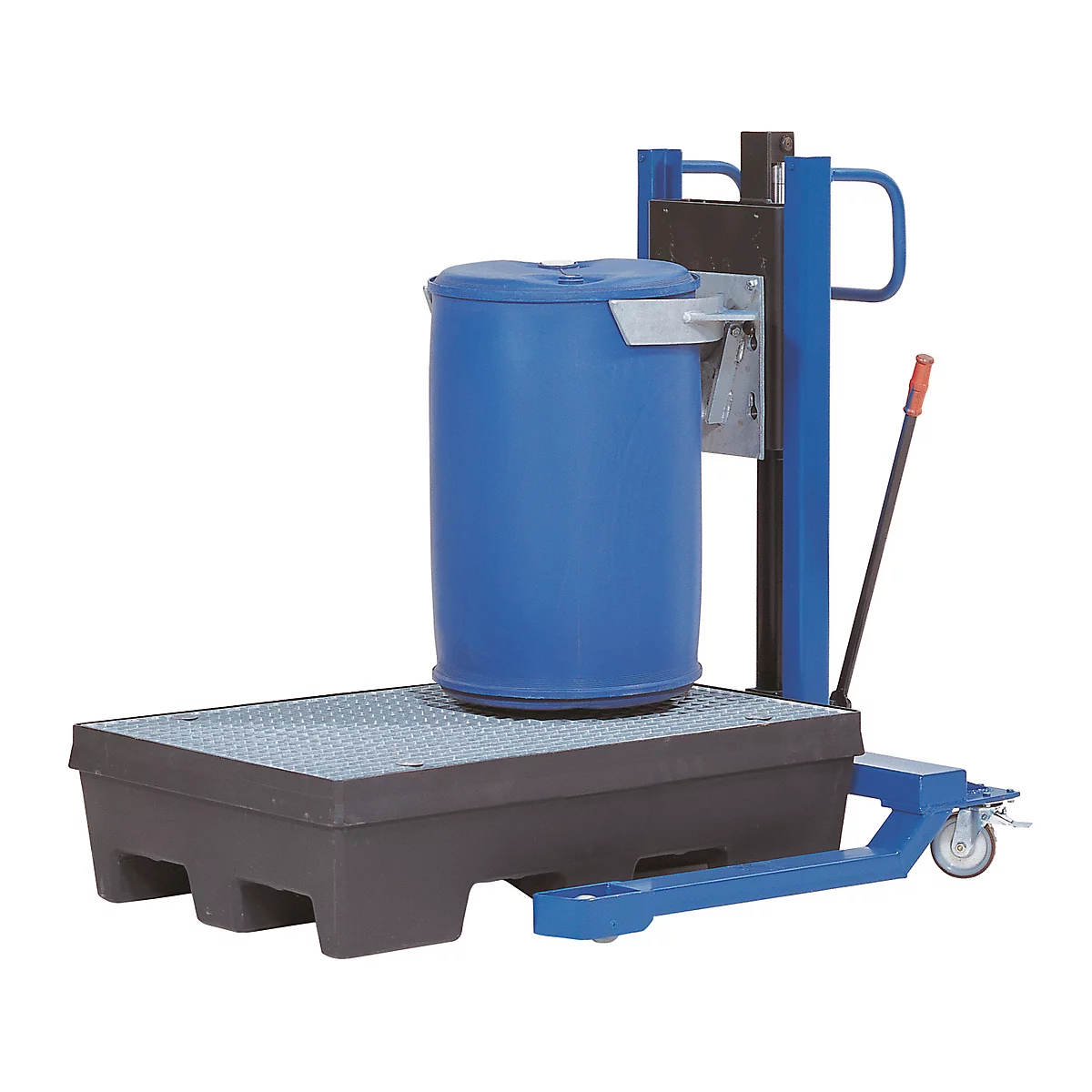 Fasslifter asecos, mit Fusspumpe, B 1200 x H 1605 x T 1140 mm, Hubbereich 0 – 520 mm, Stahl lackiert