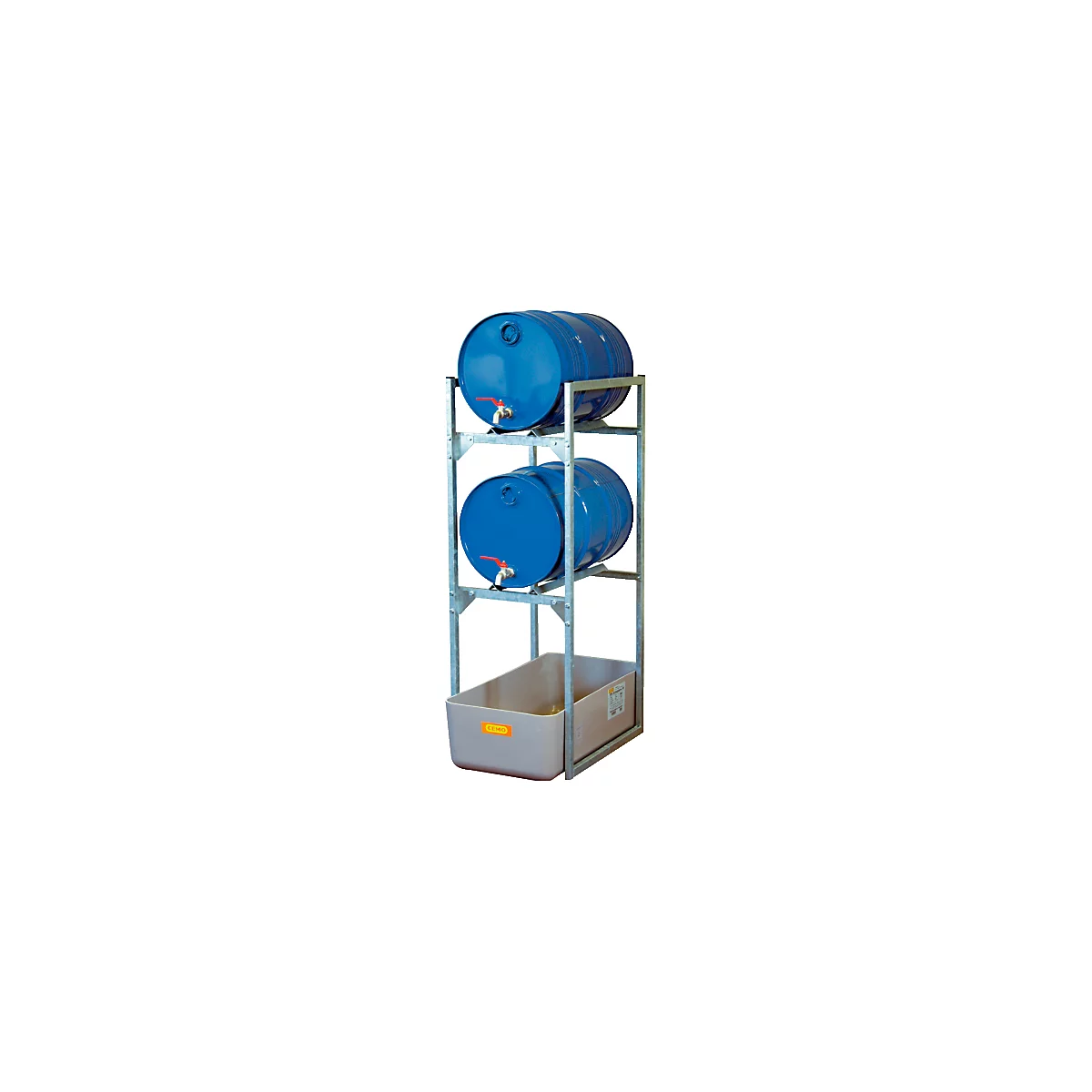 Fassregal Typ 120 Variante 1 CEMO, mit Auffangwanne und Fassauflage, 2 x 60-L-Fässer, L 450 x B 820 x H 1310 mm