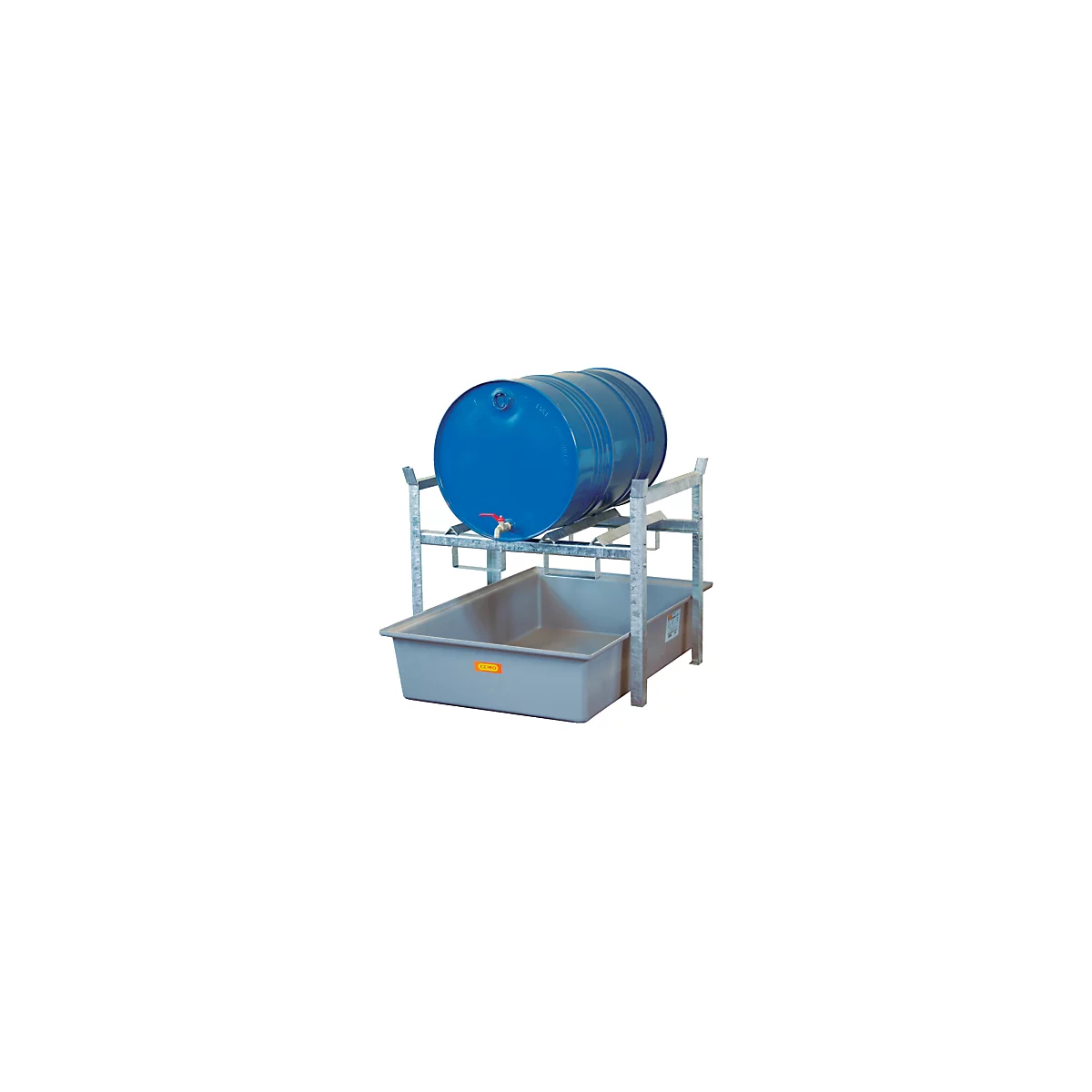 Fassregal TYP 400 Variante 1 CEMO, mit GFK-Auffangwanne, für 2 x 60 I Fässer oder 1 x 200 I Fass, m. Fassauflage, L 990 x B 1280 x H 840 mm