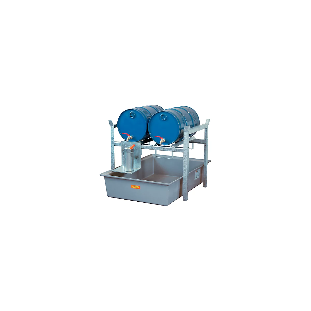 Fassregal TYP 400 Variante 1 CEMO, mit GFK-Auffangwanne, für 2 x 60 I Fässer oder 1 x 200 I Fass, m. Fassauflage, L 990 x B 1280 x H 840 mm