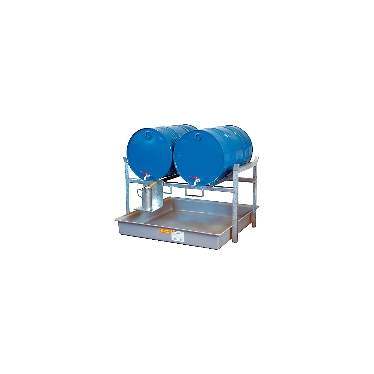 Fassregal Typ 800 Variante 1 CEMO, mit Fassauflage und Auffangwanne, für 2 x 200-L-Fässer