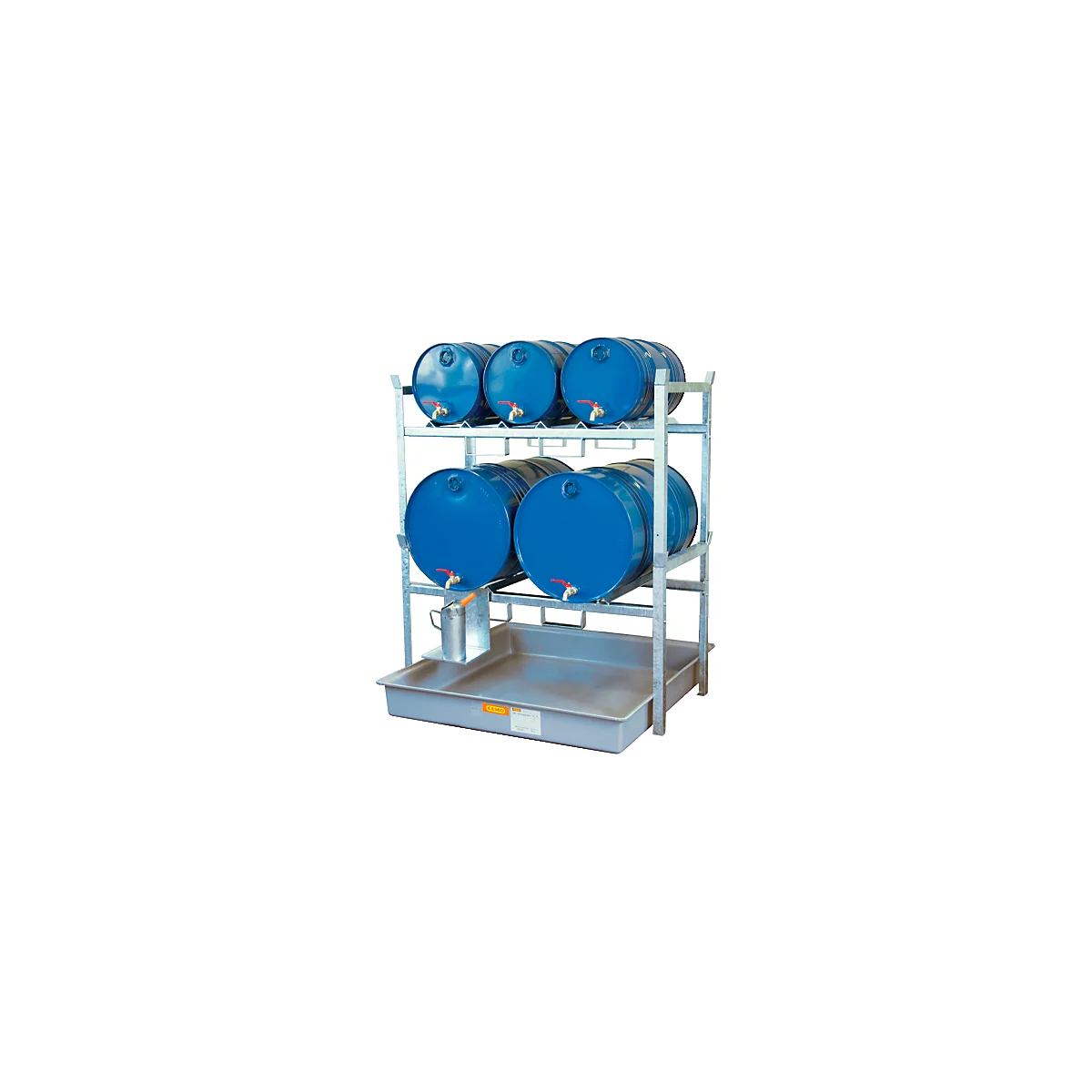 Fassregal Typ 800 Variante 3 CEMO, mit Fassauflage und Auffangwanne, für 2 x 200 I u. 3 x 60-I-Fässer, L 1410 x B 1280 x H 1620 mm