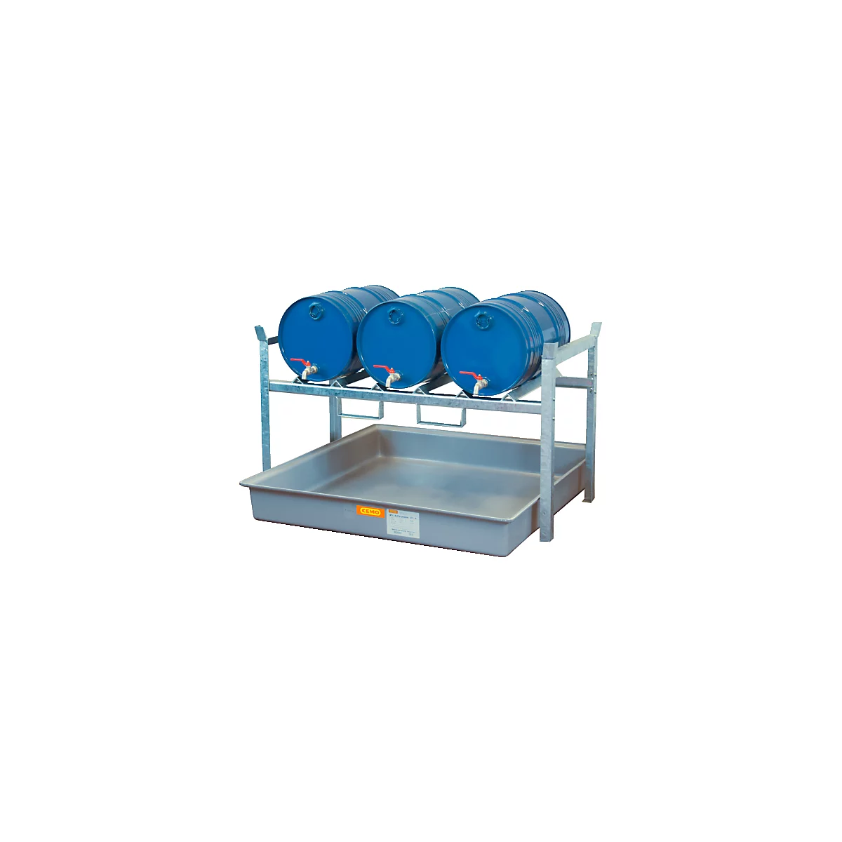 Fassregal Typ 800 Variante 5 CEMO, mit Fassauflage u. Auffangwanne, für 3 x 60 I-Fässer, L 1410 x B 1280 x H 840 mm