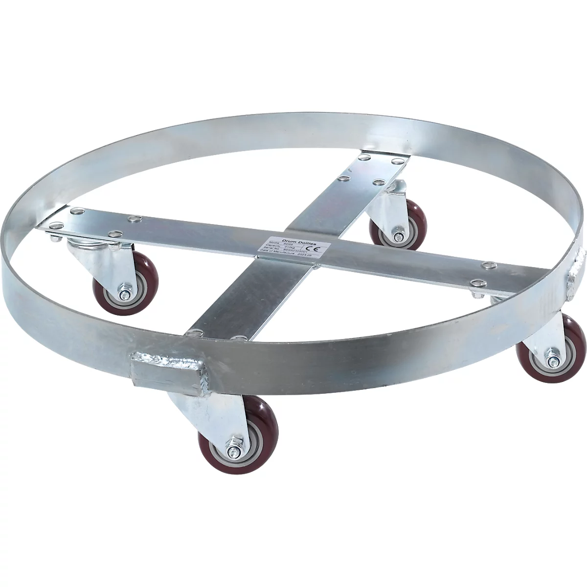 Fassroller, Stahl verzinkt, Ø 610 x H 160 mm, 4 Kunststoff-Lenkrollen, für 250 l Fässer, bis 410 kg