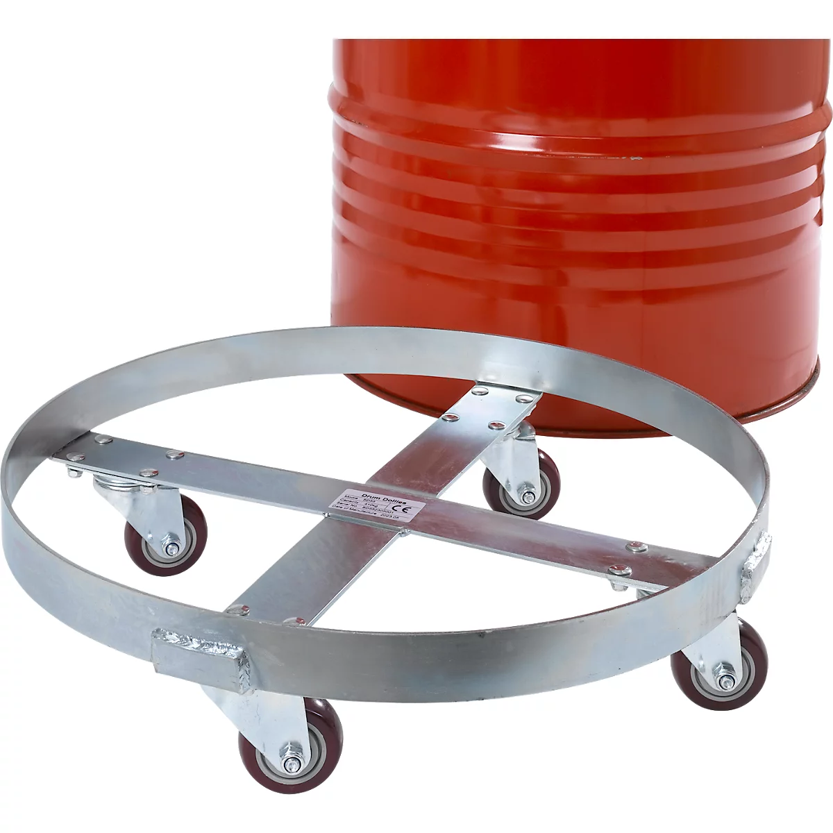 Fassroller, Stahl verzinkt, Ø 610 x H 160 mm, 4 Kunststoff-Lenkrollen, für 250 l Fässer, bis 410 kg