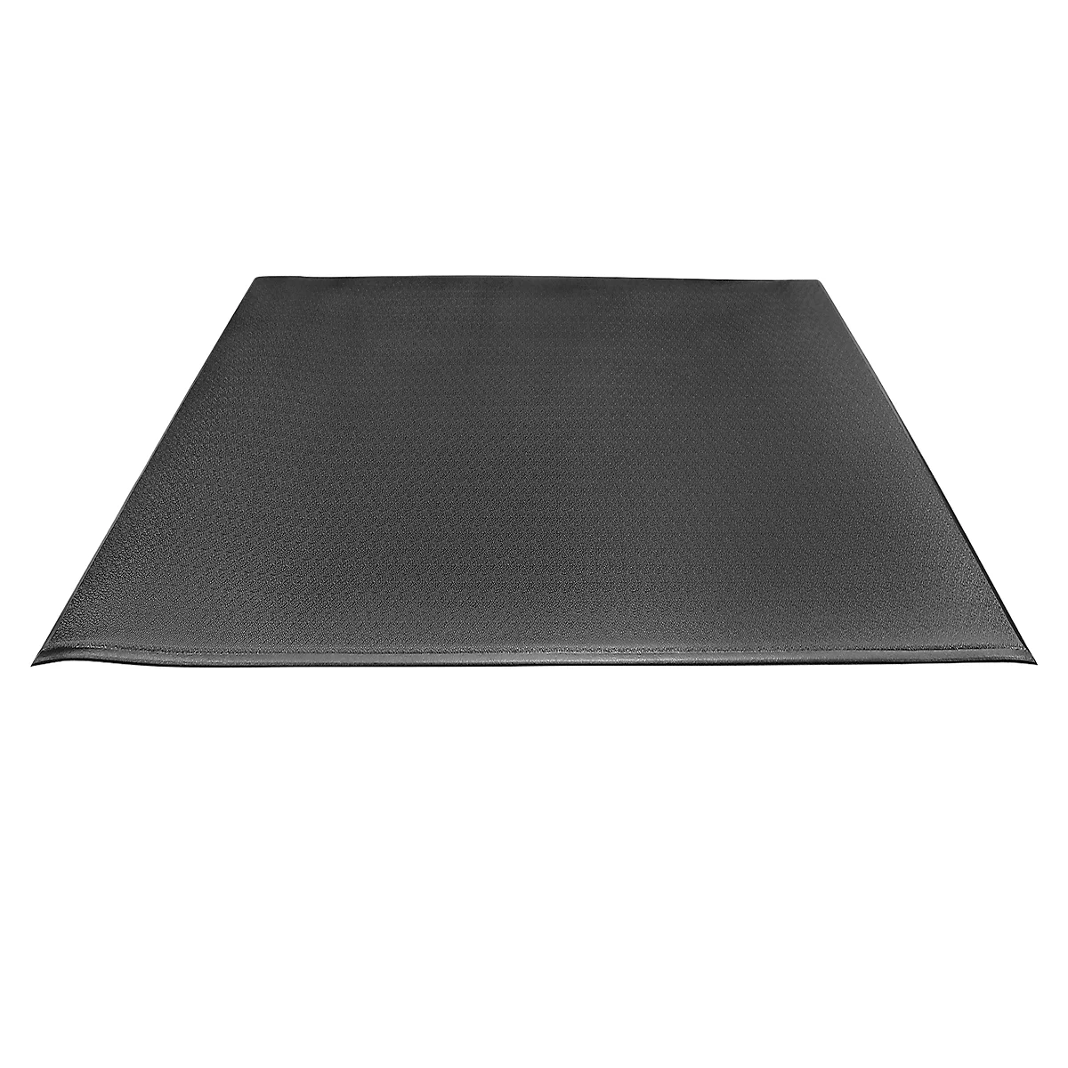 A black rectangular rug against a white background.