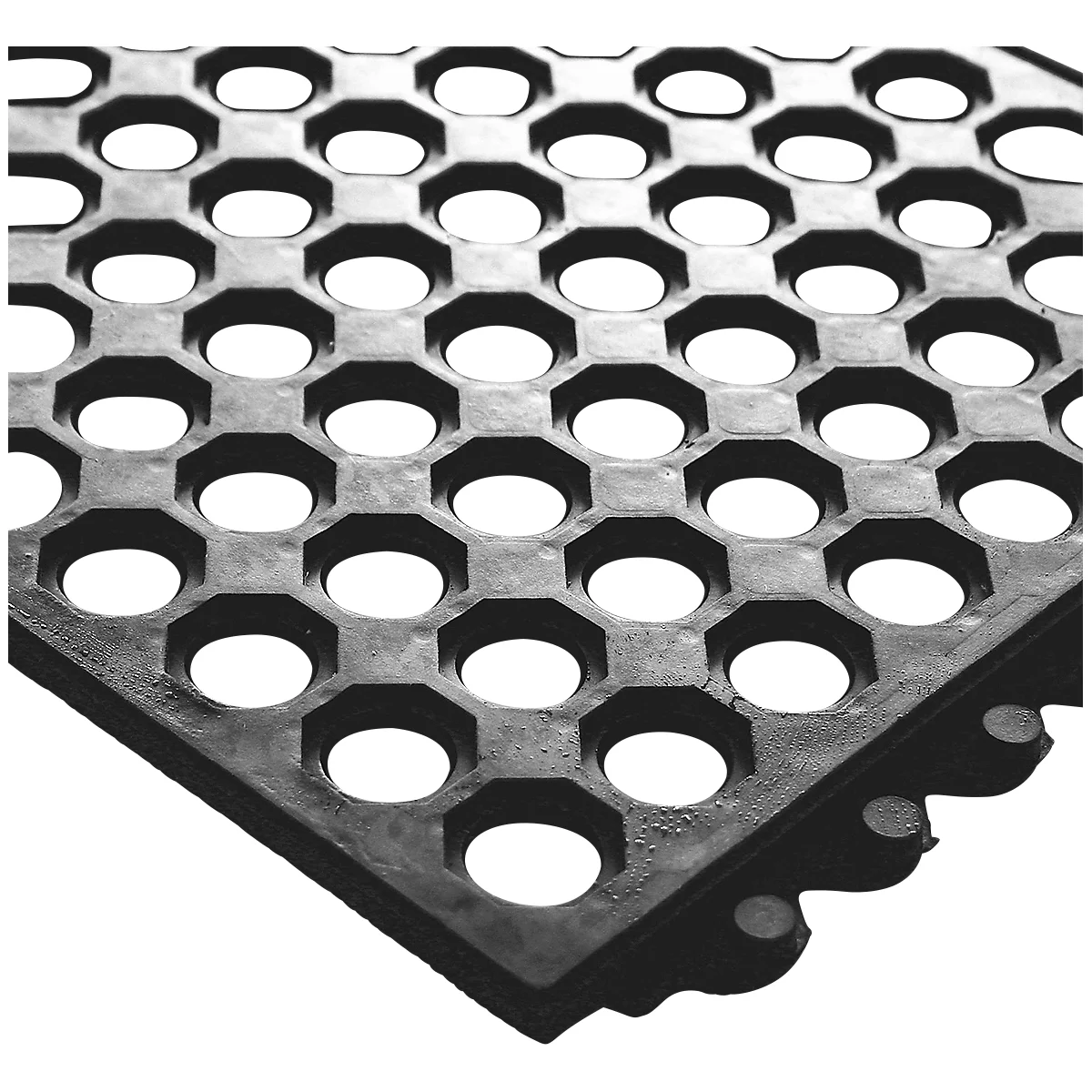 Black rubber mat with honeycomb-shaped holes. The background is white.