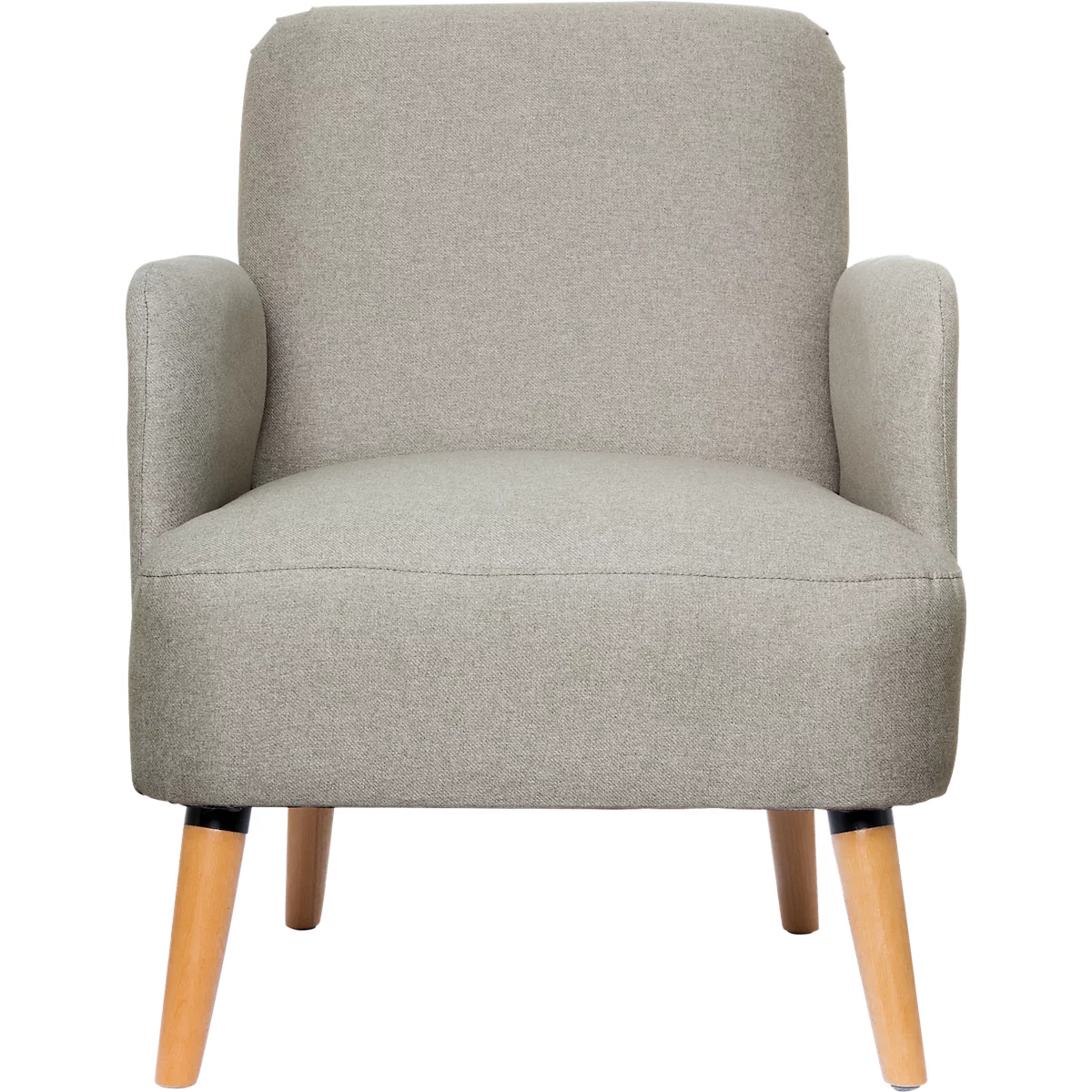 Fauteuil gris avec pieds en bois. Accoudoirs et dossier arrondis.