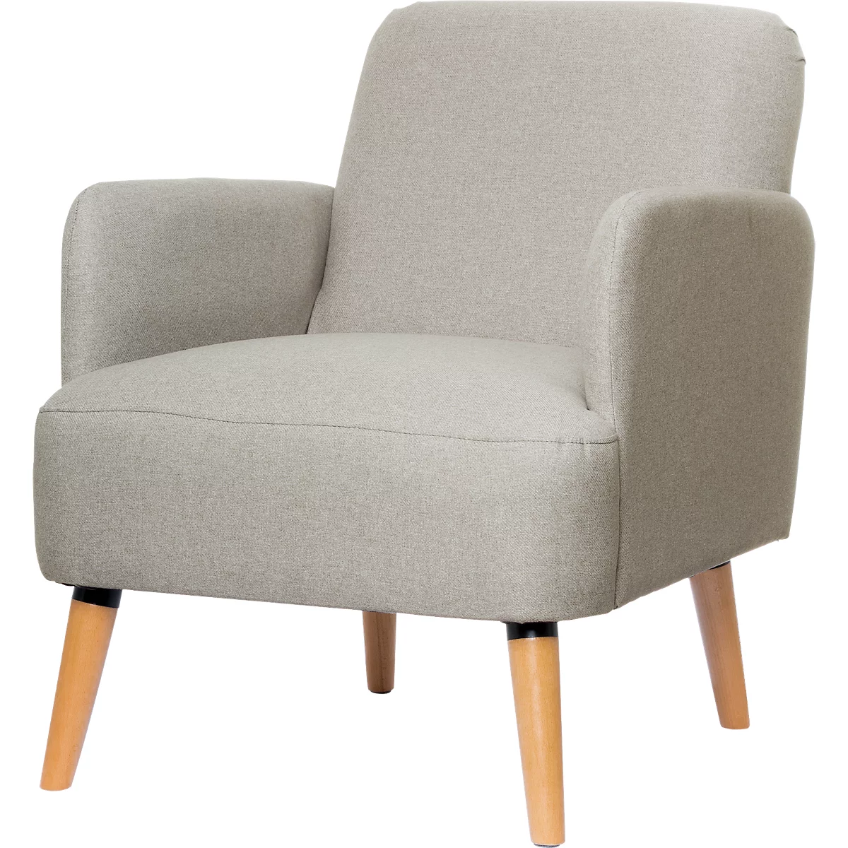 Fauteuil gris clair avec pieds en bois. Rembourré, avec accoudoirs et dossier.