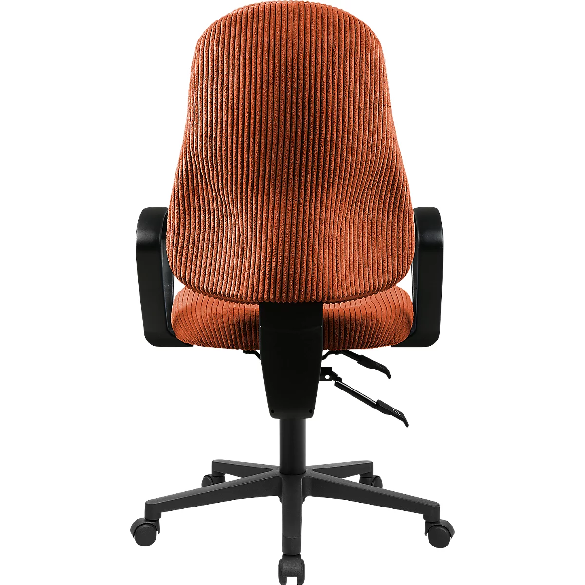 Chaise de bureau avec revêtement en velours côtelé rouille et base noire sur fond blanc.