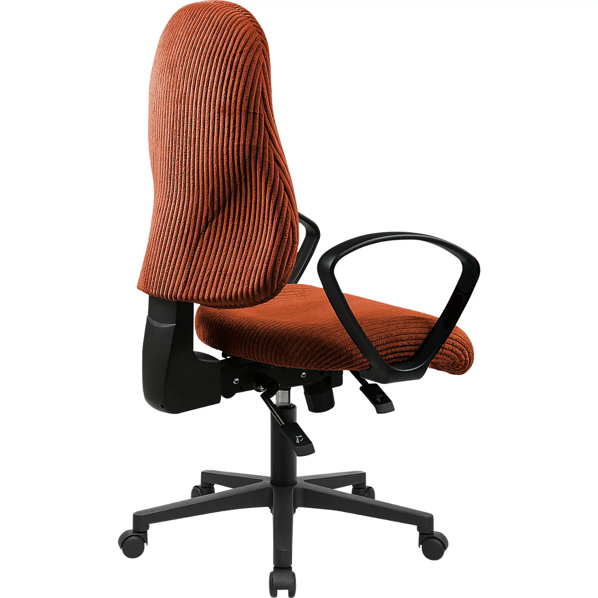 Chaise de bureau avec revêtement en velours côtelé rouille et piètement noir à cinq roulettes sur fond blanc.