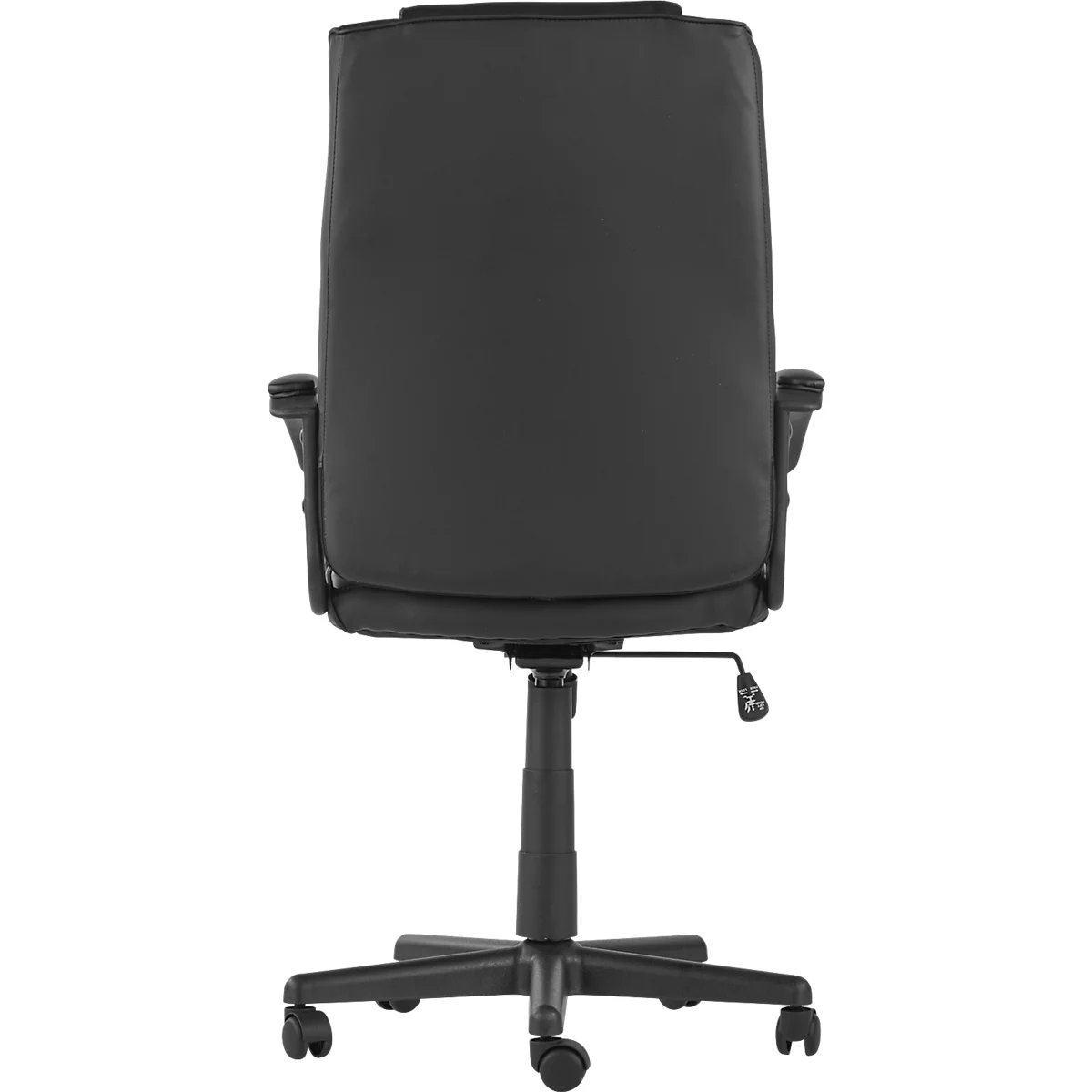 Vue arrière d'une chaise de bureau noire. La chaise a un dossier haut, des accoudoirs et une base roulante.