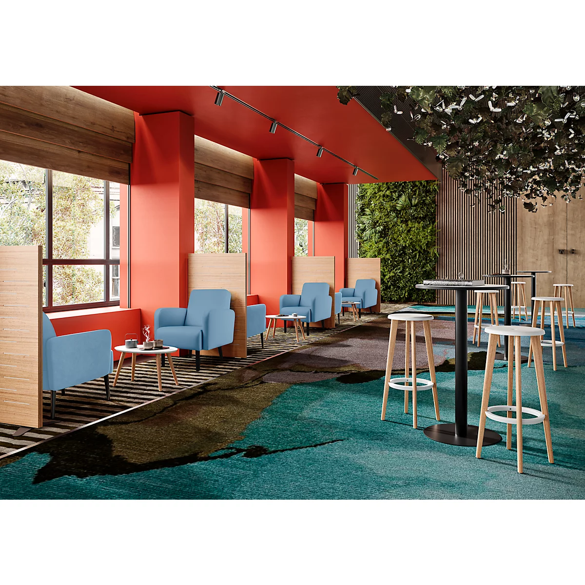 Fauteuil meet® by Paperflow LISBOA, revêtement en similicuir bleu résistant aux désinfectants, piétement noir, L 710 x P 815 x H 830 mm