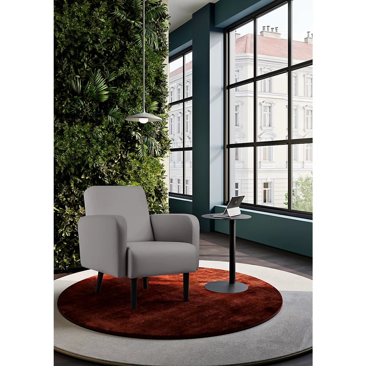 Fauteuil meet® by Paperflow LISBOA, revêtement en similicuir gris résistant aux désinfectants, piétement noir, L 710 x P 815 x H 830 mm