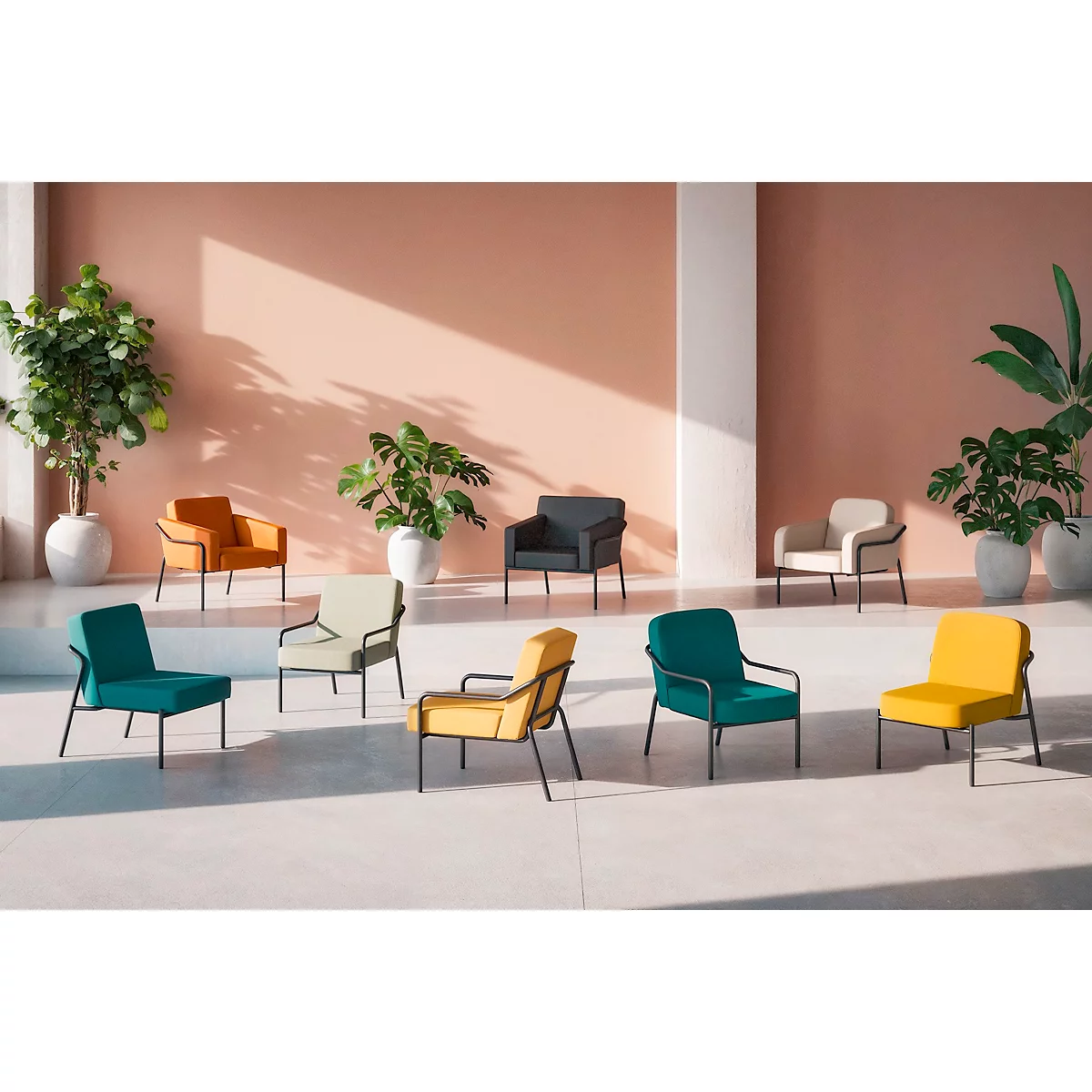 Fauteuil meet® by Paperflow MEDSO Klassik M, rembourré, assise interchangeable, L 580 x P 743 x H 736 mm, tissu et acier, jaune/noir mat