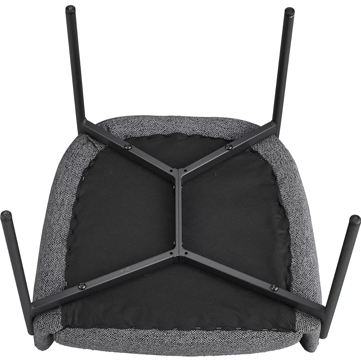 Vue de dessus d'une chaise. L'assise grise est soutenue par un cadre en métal noir auquel les pieds sont fixés.