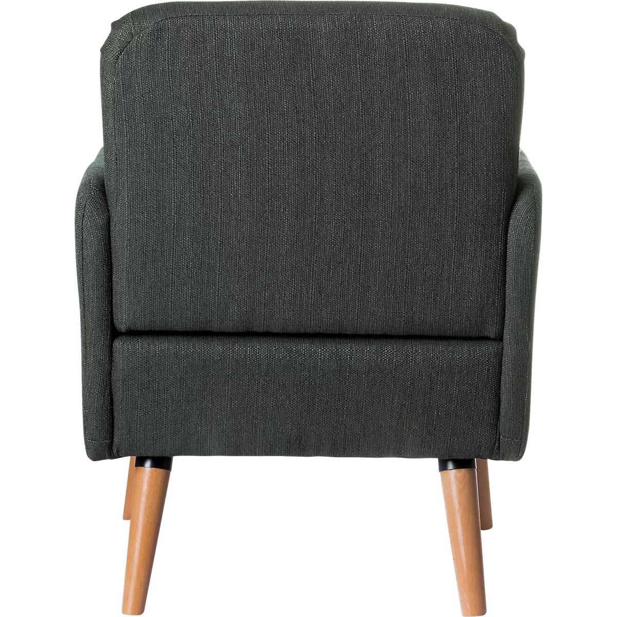 Een groene fauteuil met houten poten. De fauteuil is gemaakt van stof en heeft afgeronde armleuningen.