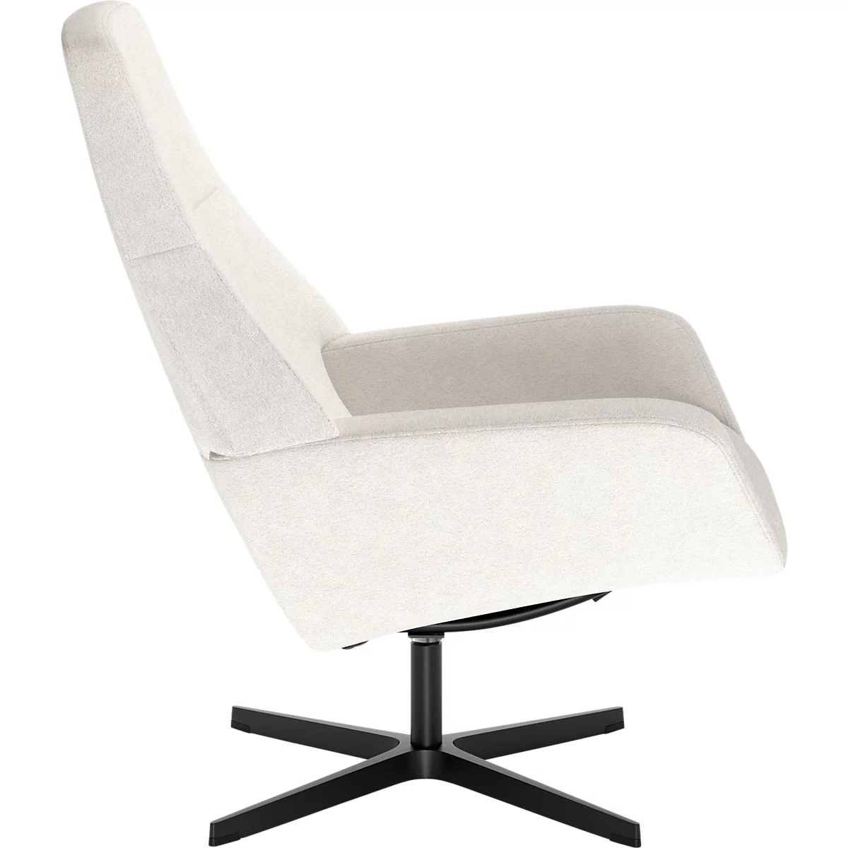 Fauteuil couleur crème avec dossier haut et piètement en croix en métal noir, vue de côté.