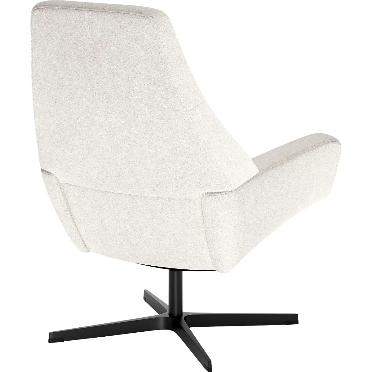 Fauteuil gris clair avec une base pivotante noire en forme d'étoile, vu de dos.