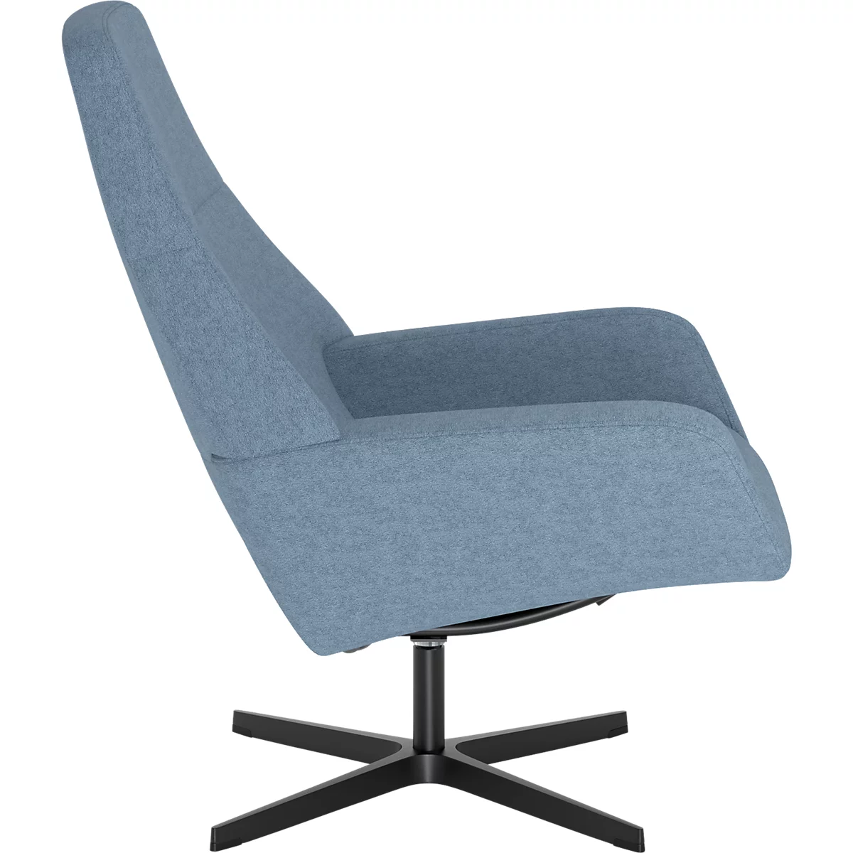Fauteuil rembourré bleu-vert avec dossier haut sur un piétement en métal noir en forme d'étoile sur fond blanc.